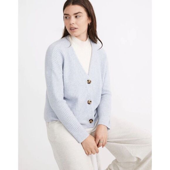 Madewell Cameron Ribbed Cardigan Sweater Coziest Yarn size M Hthr Serene Blue - Picture 1 of 12